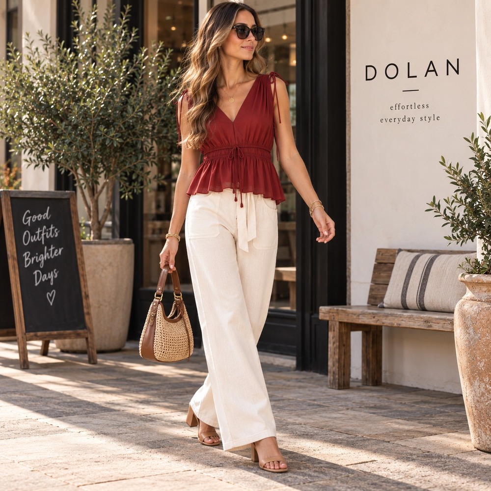 ANTHROPOLOGIE DOLAN Women's Top Blouse LARGE Rust V-Neck Smocked Waist Peplum